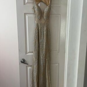 Jovani Cream and Silver Beaded Dress